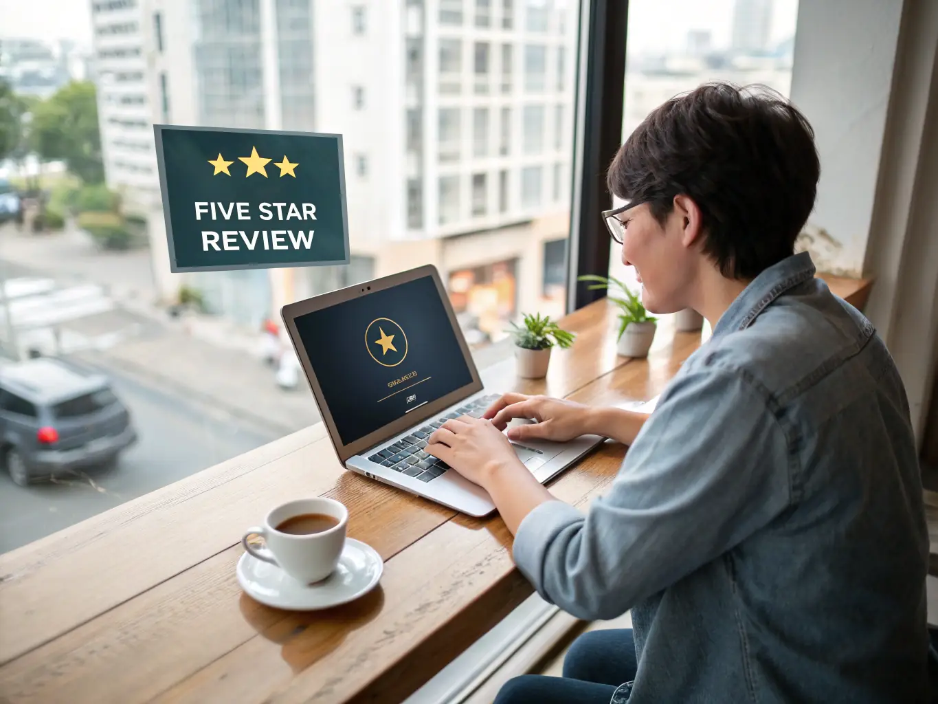 A digital illustration depicting a small business owner happily looking at a surge of positive Google reviews on their phone, with a cityscape in the background symbolizing local SEO dominance.