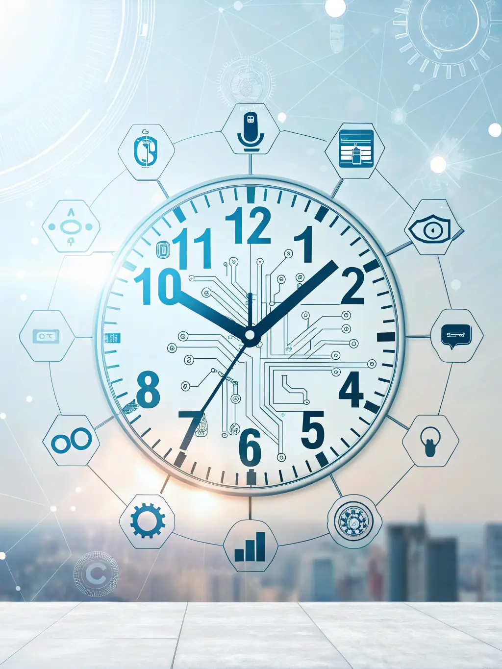 An automated clock icon with review stars orbiting around it, representing automated follow-ups.