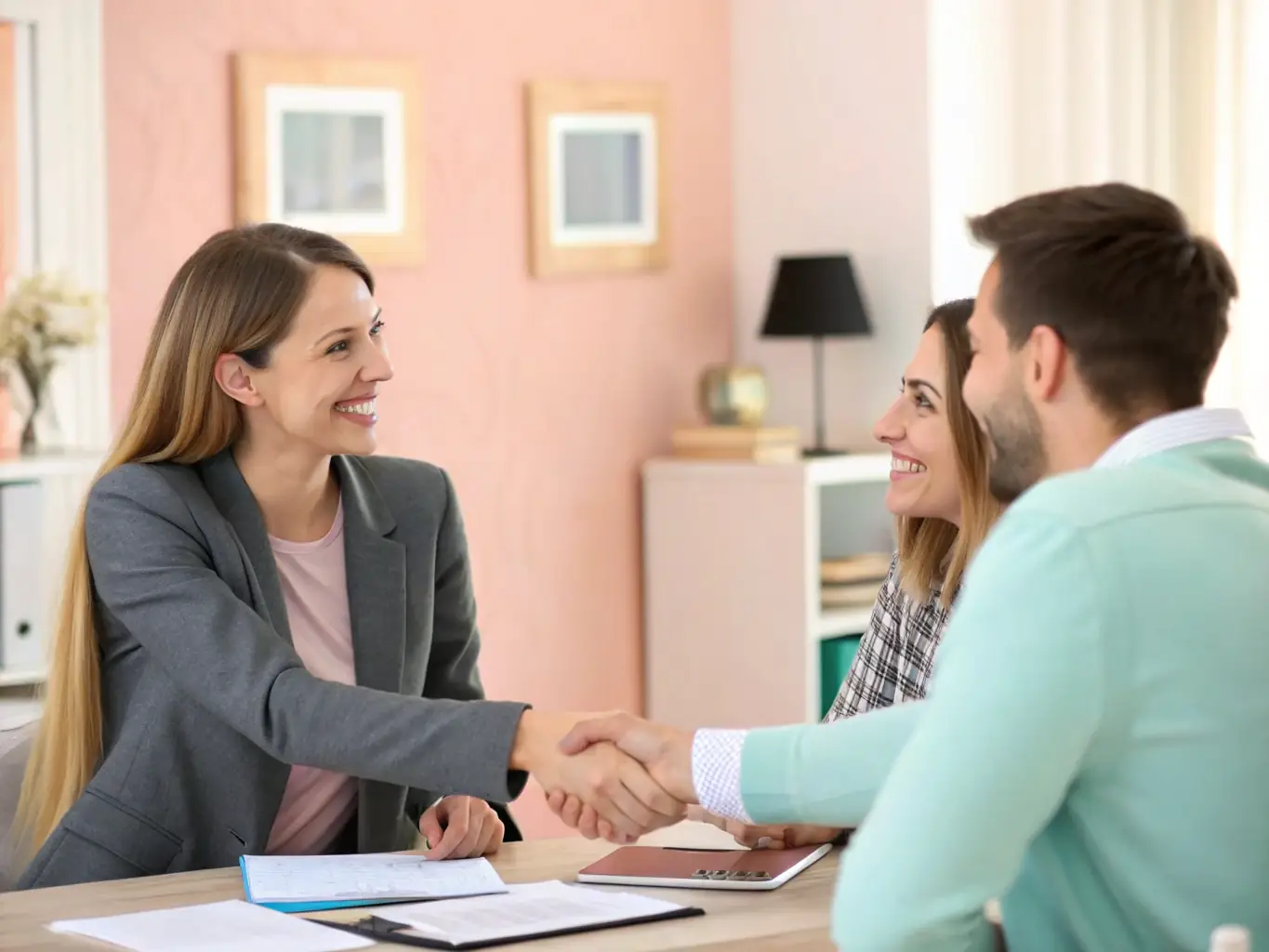 A photo of diverse customers smiling and interacting positively with a service professional, conveying trust and satisfaction.